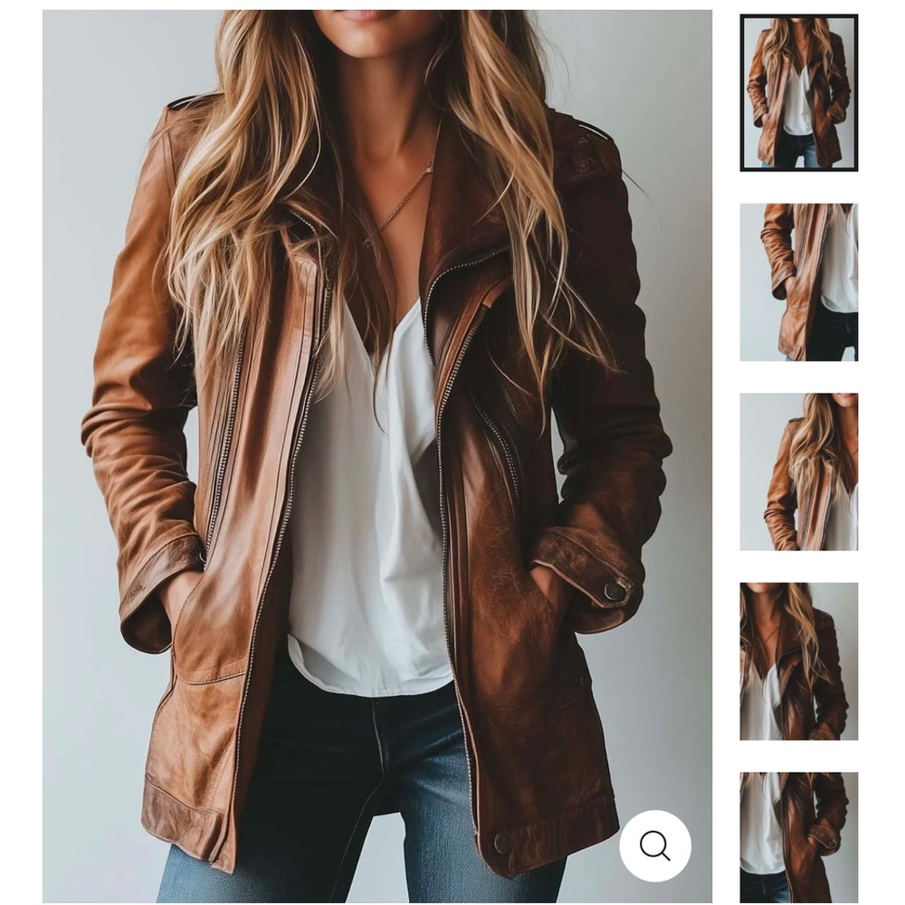 Vintage Brown Faux Leather Jacket with Lapel Collar and Zipper Closure